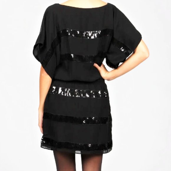 JESSICA SIMPSON Black Sequin Stripe Blouson Dress - Picture 9 of 10